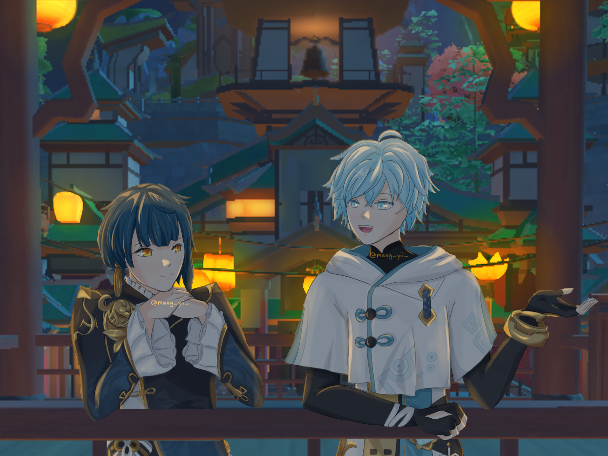 Xingqiu and Chongyun (from Genshin Impact) leaning on a railway in Liyue next to each other with lanterns in the background